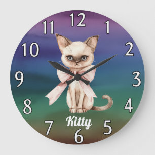 Grande Horloge Ronde Aquarelle personnalisée Chat photo et nom Mur