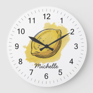 Grande Horloge Ronde Aquarelle personnalisée moderne tendance Citron ja
