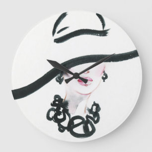 Grande Horloge Ronde Aquarelle portrait femme, abstraite illust de mode