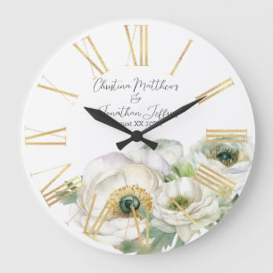 Grande Horloge Ronde Aquarelle romantique Ranunculus blanc