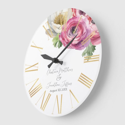 Grande Horloge Ronde Aquarelle romantique Ranunculus blanc et rose (Angle)