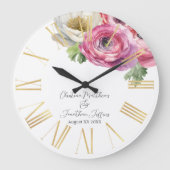 Grande Horloge Ronde Aquarelle romantique Ranunculus blanc et rose (Recto)