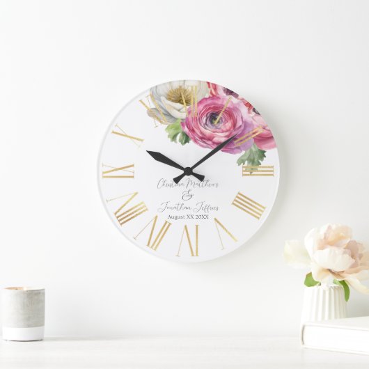 Grande Horloge Ronde Aquarelle romantique Ranunculus blanc et rose (Maison)