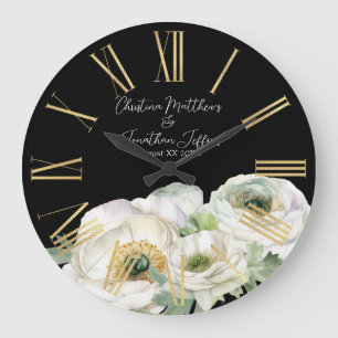 Grande Horloge Ronde Aquarelle romantique Ranunculus blanc sur noir