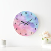 Grande Horloge Ronde Aquarelle rose et bleu personnalisée (Maison)