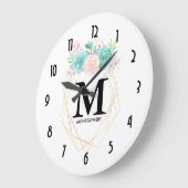 Grande Horloge Ronde Aquarelle rose et vert moderne Succulents Monogram (Angle)