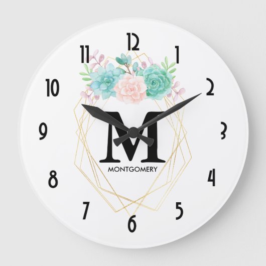 Grande Horloge Ronde Aquarelle rose et vert moderne Succulents Monogram (Recto)