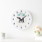 Grande Horloge Ronde Aquarelle rose et vert moderne Succulents Monogram (Maison)
