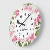 Grande Horloge Ronde Aquarelle rose Hydrangea et anémone japonaise (Angle)