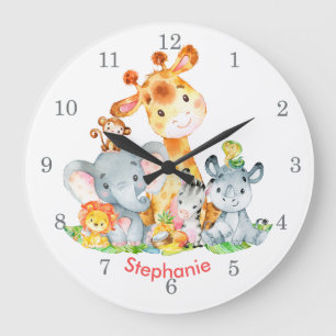 Grande Horloge Ronde Aquarelle rose mignonne Safari Jungle Animaux