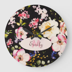 Grande Horloge Ronde Aquarelle rose Roses jaunes sur noir, Monogramme