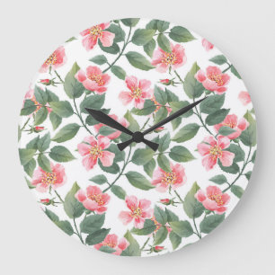 Grande Horloge Ronde Aquarelle Rose sauvage Floral sans joint