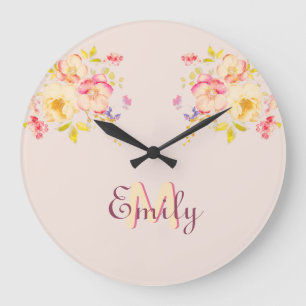 Grande Horloge Ronde Aquarelle Roses Jaunes Rose, Monogramme