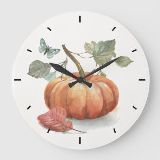 Grande Horloge Ronde Aquarelle Rustique Citrouille Automne