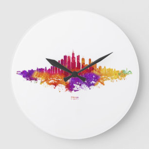 Grande Horloge Ronde Aquarelle Skyline de Chicago en blanc