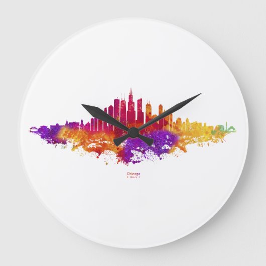 Grande Horloge Ronde Aquarelle Skyline de Chicago en blanc (Recto)