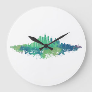 Grande Horloge Ronde Aquarelle Skyline de Chicago en bleu et vert