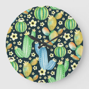 Grande Horloge Ronde Aquarelle Succulente Cactus Motif Floral