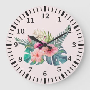 Grande Horloge Ronde Aquarelle Tropical Rose Hibiscus Fleurs