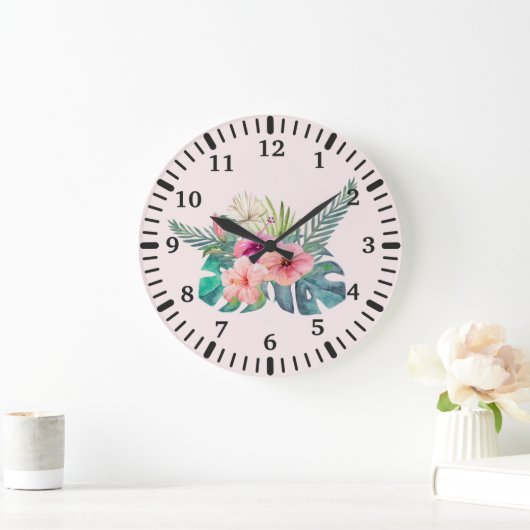 Grande Horloge Ronde Aquarelle Tropical Rose Hibiscus Fleurs (Maison)