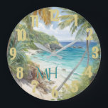 Grande Horloge Ronde Aquarelle tropicale Beach Lagoon Paradise<br><div class="desc">Cette horloge spéciale représente vraiment la vision magique que nous avons de la belle lagune entourée de fleurs et d'eau - la paix, le calme et la sérénité du moment. Personnalisez avec vos initiales ou supprimez. Appréciez le poster pour vous-même ou en cadeau. Si vous avez des questions, envoyez un...</div>