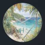 Grande Horloge Ronde Aquarelle tropicale Beach Lagoon Paradise<br><div class="desc">Cette horloge spéciale représente vraiment la vision magique que nous avons de la belle lagune entourée de fleurs et d'eau - la paix, le calme et la sérénité du moment. Personnalisez avec vos initiales ou supprimez. Appréciez le poster pour vous-même ou en cadeau. Si vous avez des questions, envoyez un...</div>