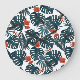 Grande Horloge Ronde Aquarelle tropicale, feuilles, fleurs, colibris