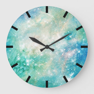 Grande Horloge Ronde Aquarelle Turquoise Blue Galaxy Ocean