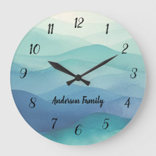 Grande Horloge Ronde Aquarelle Turquoise Marine Blue Ombre Vagues Nombr