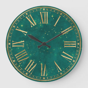 Grande Horloge Ronde Aquarelle vert foncé et étincelles dorées