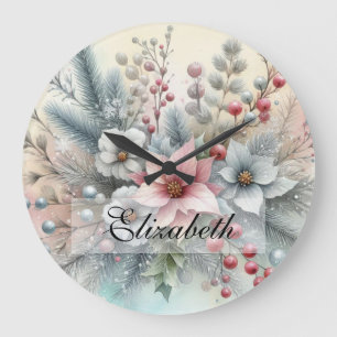 Grande Horloge Ronde Aquarelle vintage Fleur de Noël et ornements