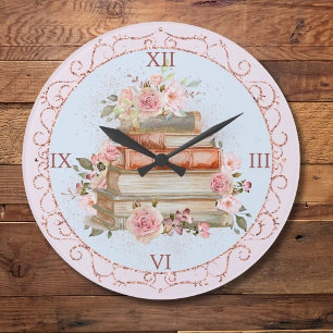 Grande Horloge Ronde Aquarelle Vintage rose Roses et Livre Floral