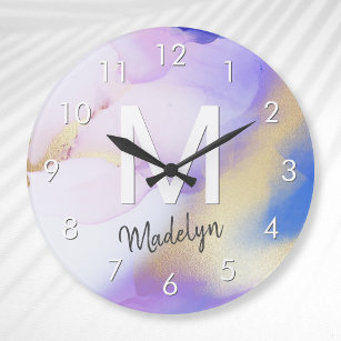 Grande Horloge Ronde Aquarelle violet Abstrait Girly Luxury Monogramme
