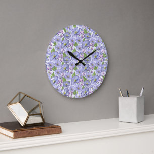 Grande Horloge Ronde Aquarelle Violettes Violettes & Motif Floral