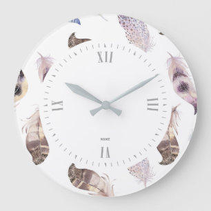 Grande Horloge Ronde aquarelles motif plumes tribales