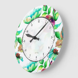 Grande Horloge Ronde Aquarelles Roses Rouges Sur Bois Blond