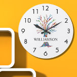 Grande Horloge Ronde Arbre arc-en-ciel personnalisé<br><div class="desc">This stylish and modern Wall Clock is decorated with a colorh ful mosaic family tree Easily customizable with your name Because we create our own artwork you won't find this Image from other designers. Moaic original © Michele Davies.</div>