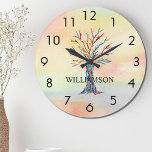 Grande Horloge Ronde Arbre arc-en-ciel personnalisé<br><div class="desc">Cette horloge murale colorée est décorée d'un arbre généalogique en mosaïque aux couleurs de l'arc-en-ciel sur un arrière - plan d'aquarelle. Facilement personnalisable avec votre nom. Parce que nous créons notre propre oeuvre,  vous ne trouverez pas cette image exacte d'autres designers. Mosaïque originale et aquarelle © Michele Davies.</div>