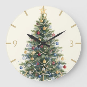 Grande Horloge Ronde Arbre de Noël aquarelle rustique Noël Fêtes de fin