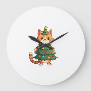 Grande Horloge Ronde Arbre de Noël Chat Roux Noël Mignon 4