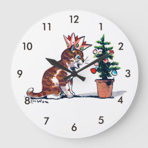 Grande Horloge Ronde Arbre de Noël et chaton, Louis Wain