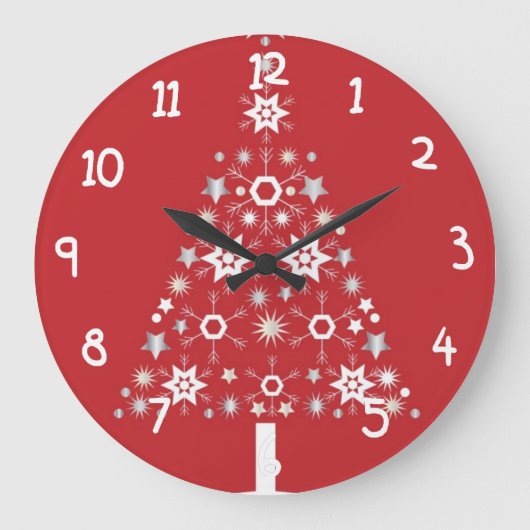 Grande Horloge Ronde Arbre de Noël étoilé sur arrière - plan rouge (Recto)