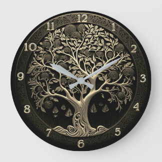 Grande Horloge Ronde Arbre de vie en noir et or