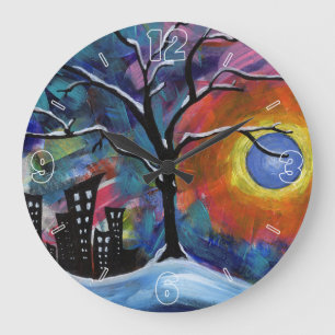 Grande Horloge Ronde Arbre d'hiver et lumières de la ville Oeuvre origi