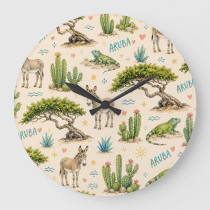 Grande Horloge Ronde Arbre divi d'Aruba, âne, iguane, cactus