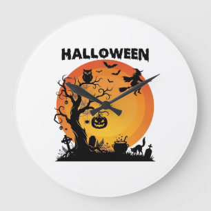 Grande Horloge Ronde Arbre effrayant Halloween Sorcière volante Lune or