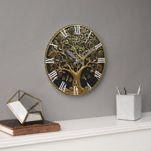 Grande Horloge Ronde Arbre élégant gravé en or
