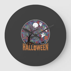 Grande Horloge Ronde Arbre ensorcelé d'Halloween Fantômes et Chat Noir
