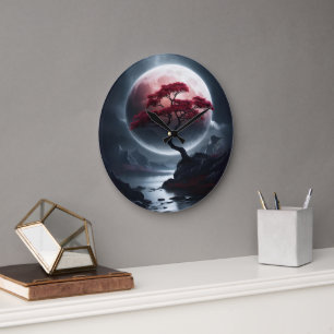 Grande Horloge Ronde Arbre rose de style japonais mystique