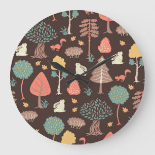 Grande Horloge Ronde Arbres Animaux : Scène Naturelle Dessinée À La Mai